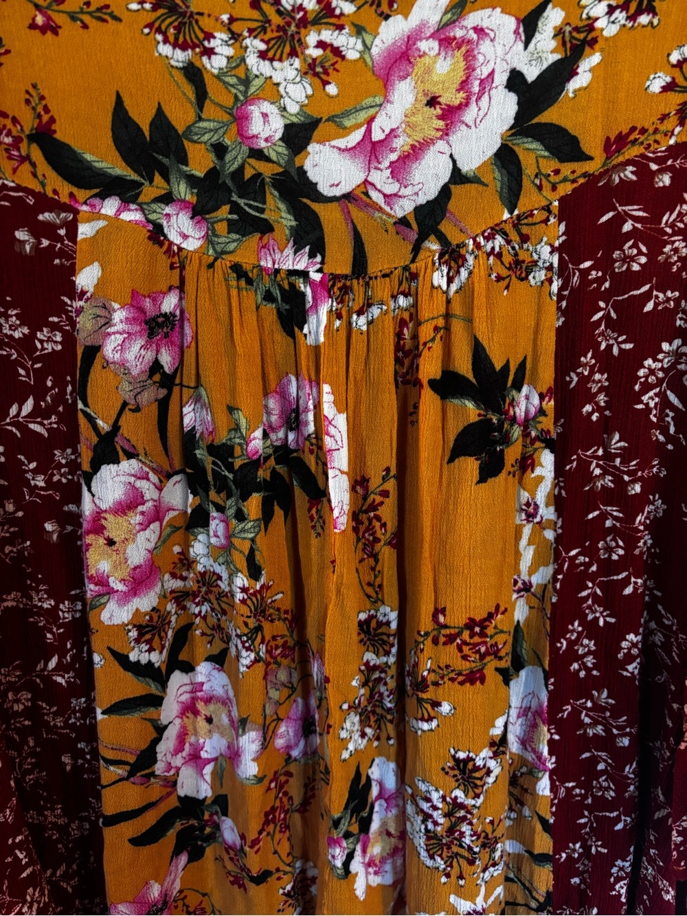 Umgee Mustard and Maroon Floral Crochet V-Neck Tunic - Picture 9 of 10
